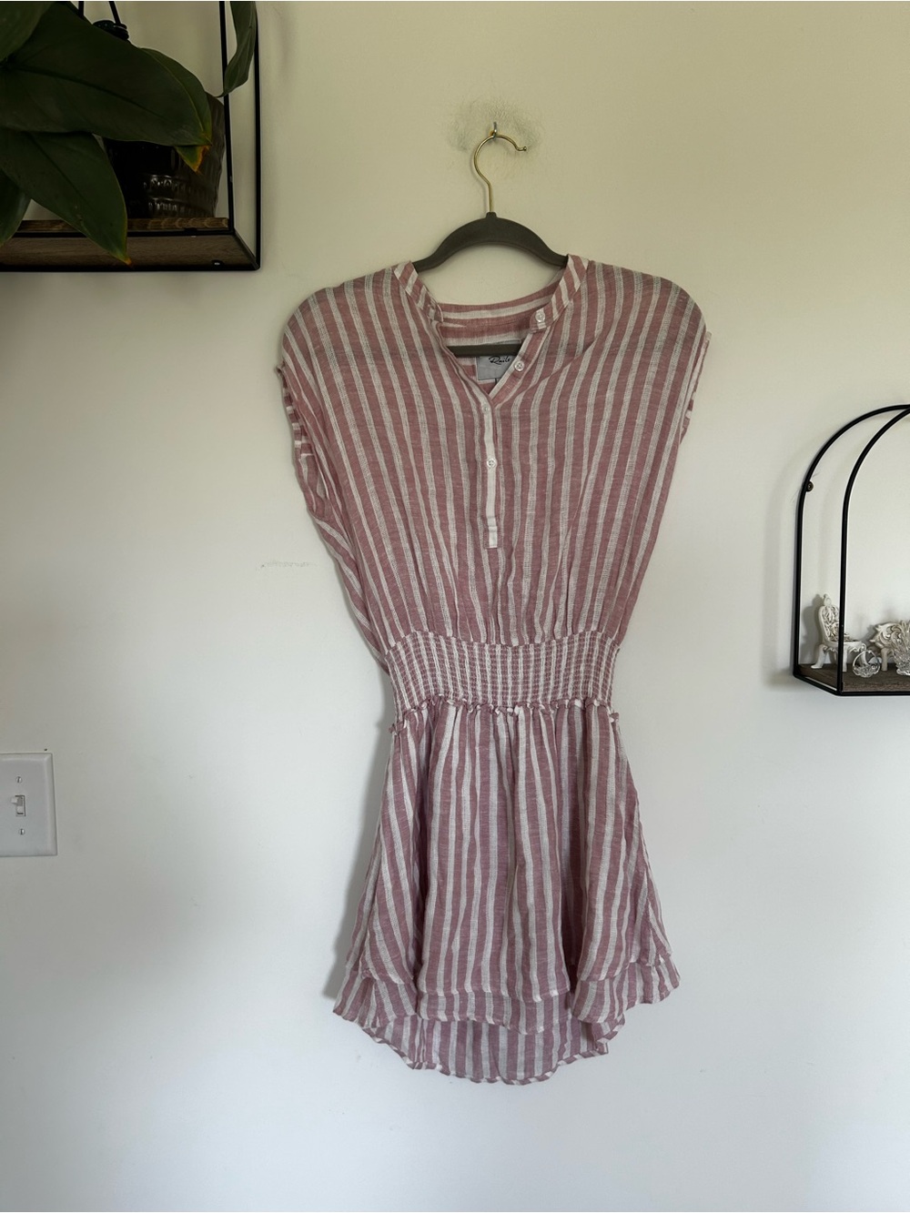 Rails Angelina Pink White Linen Blend Quarter Button Short Sleeve Mini Dress XS